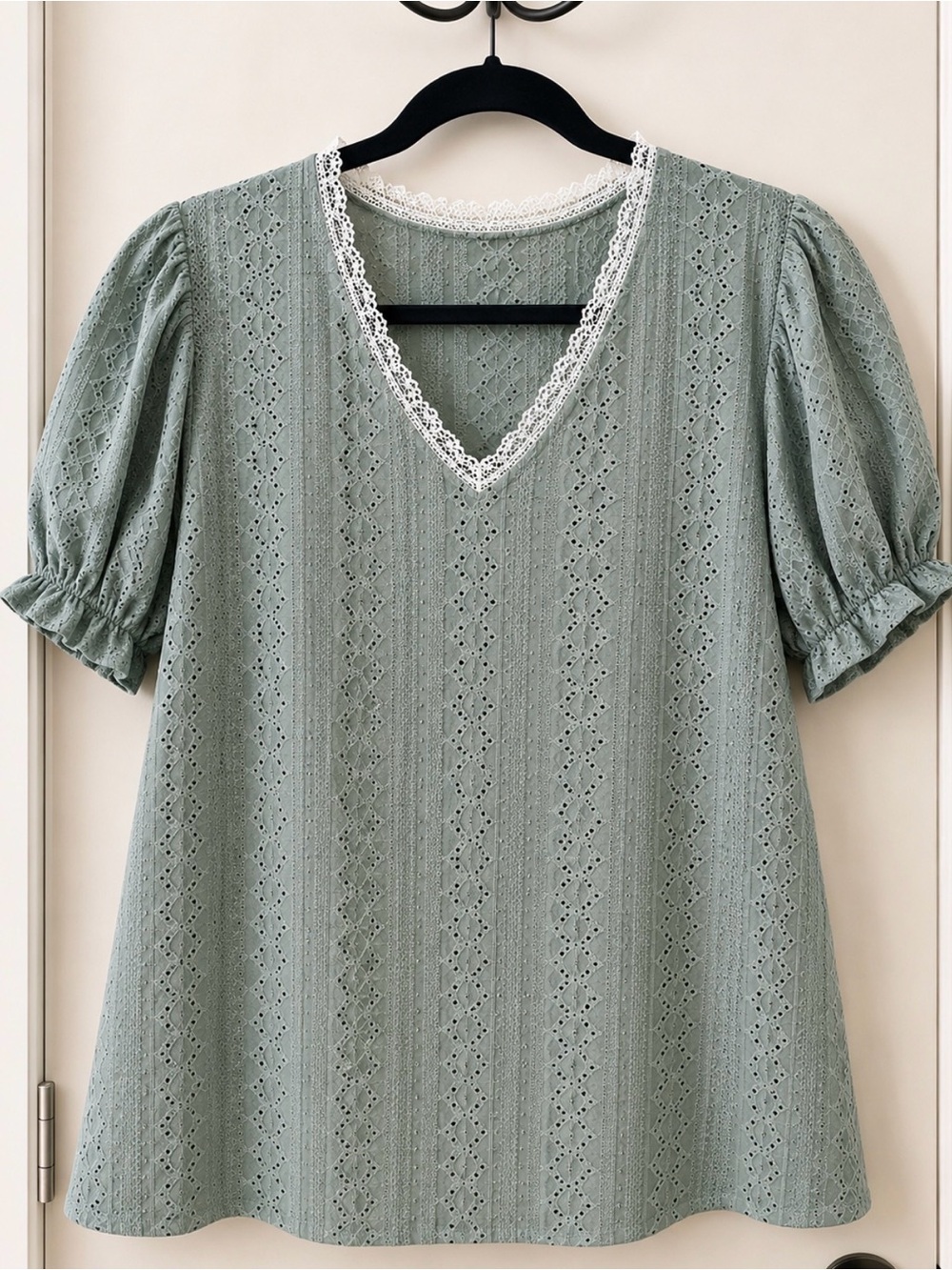 Eyelet Puff-Sleeve Top in Sage Green with Lace Trim